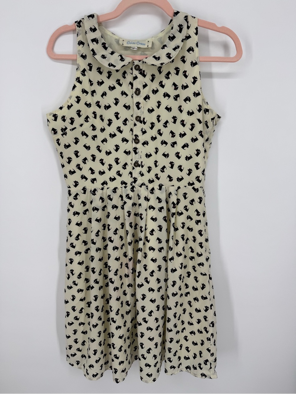 Criss Cross Women Peter Pan Collar Dress Medium‎ Cream Scottie Dog Coquette Cute